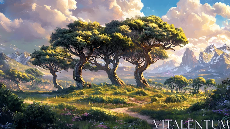 Sunlit alpine grove with twisted oaks and distant peaks