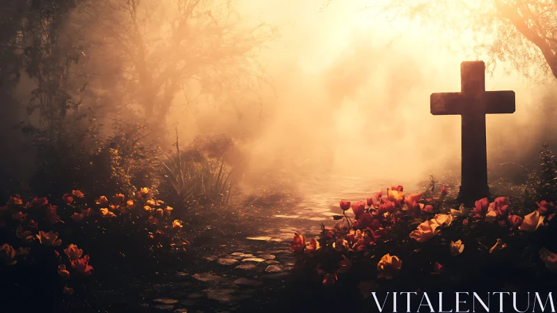 Sunlit graveyard cross amid glowing mist and flowers.