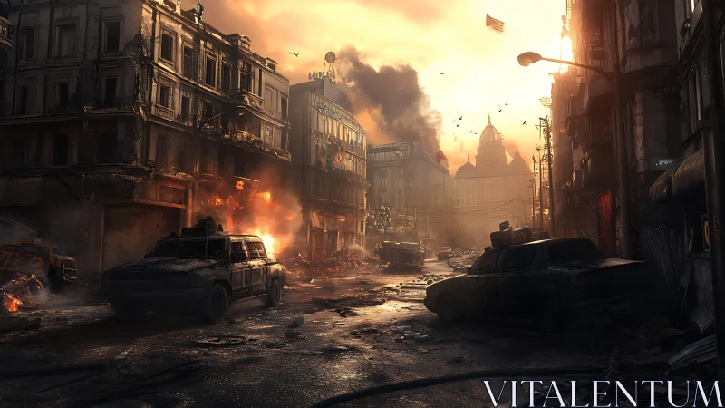 Burning city street unfolds under a haunting apocalyptic dawn