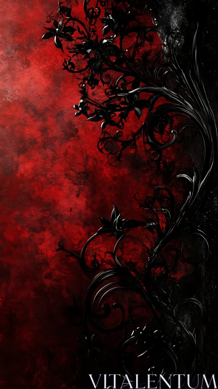 Black ornamental vines curl over deep textured red field