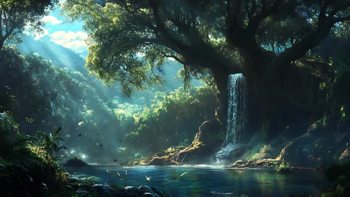 Enchanted forest pool glows beneath radiant waterfall light.