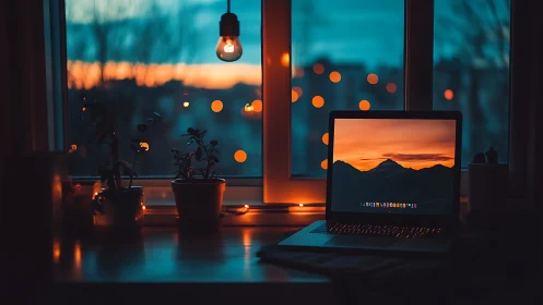 Warmly lit laptop workspace overlooks dreamy city sunset