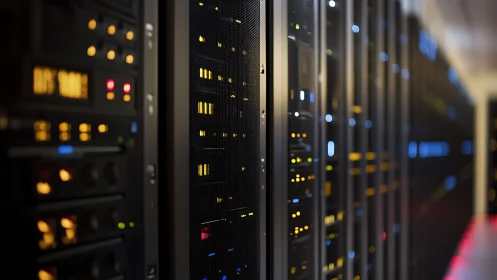 Softly glowing server racks hum with quiet digital energy
