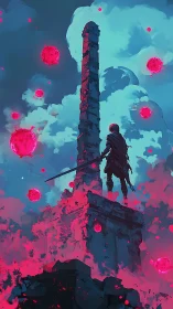 Sword-bearing silhouette surveys crimson orbs over ruined spire