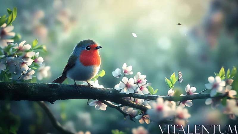 Small songbird stands on flowering branch in diffuse light