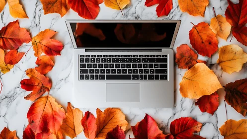 Open laptop rests centered amid vivid autumn leaves