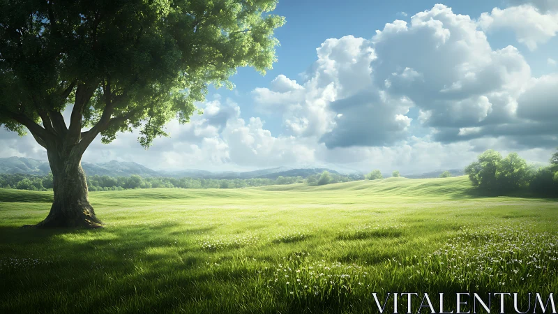 Photorealistic meadow panorama with solitary shade tree.