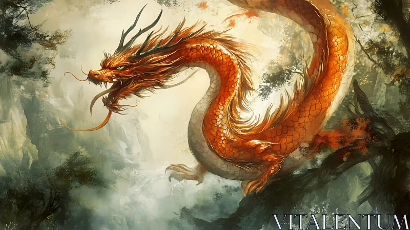 Coiled oriental dragon arcs through misted forest gorge