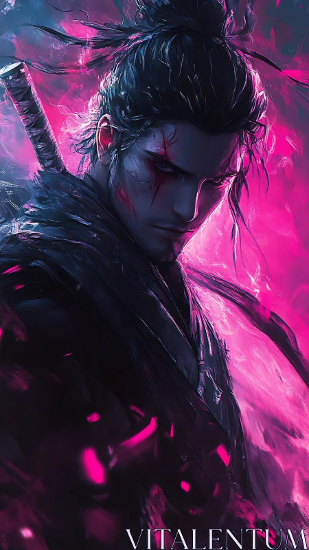 Scarred neon ronin stalking through stormlit magenta haze.