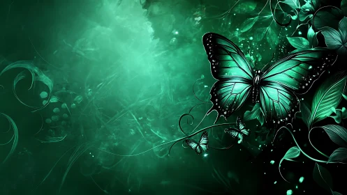 Digital painting of emerald butterfly with botanical scrollwork.