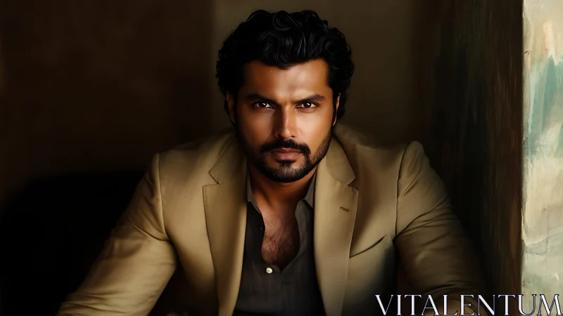 Photorealistic low key portrait of man in tan tailored blazer.