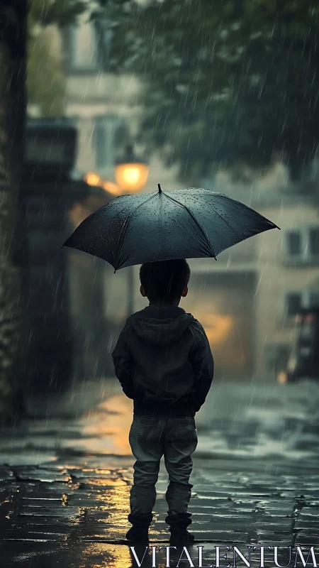 Lonely child under umbrella watches a quiet city rainstorm