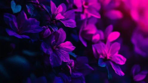 Neon violet petals glow against deep indigo shadow field