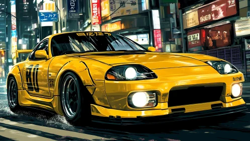 Yellow modified sports coupe moves through wet city street