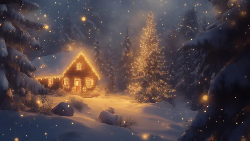 Cozy winter cabin glowing softly in a snowlit forest night.