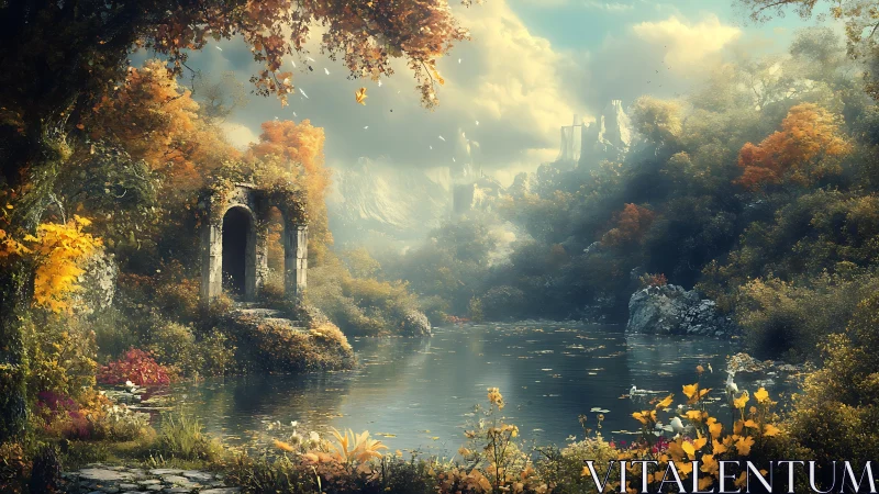 Autumn forest lake with ruins and distant mountain citadel.