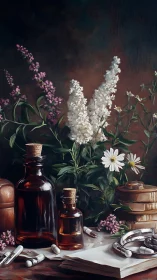 Herbal apothecary still life with amber vials and blossoms