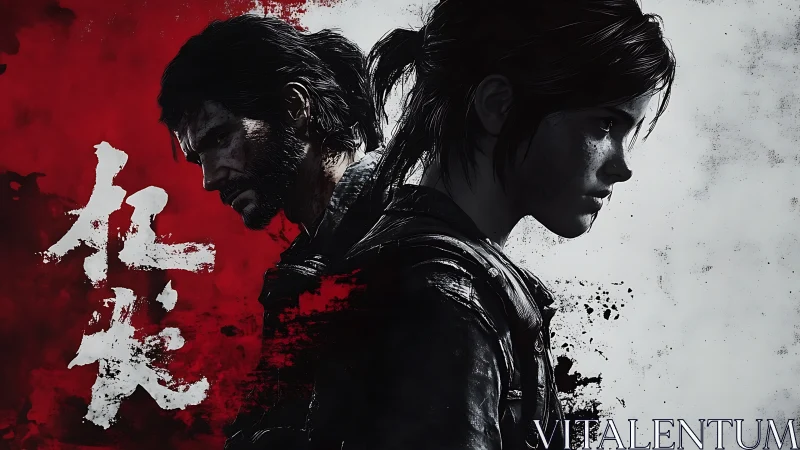 Two game characters in stark red and white split portrait.