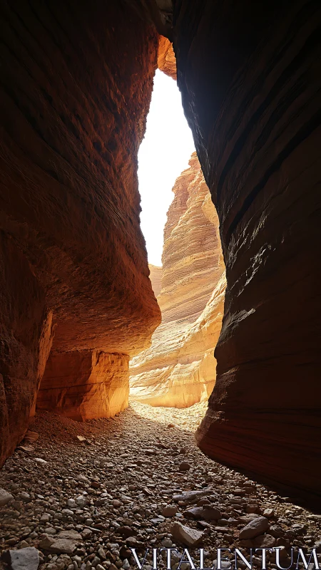 Narrow sandstone slot canyon with stratified walls and backlit exit