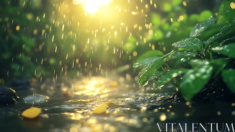 Sunlit raindrops fall onto wet foliage and shallow water