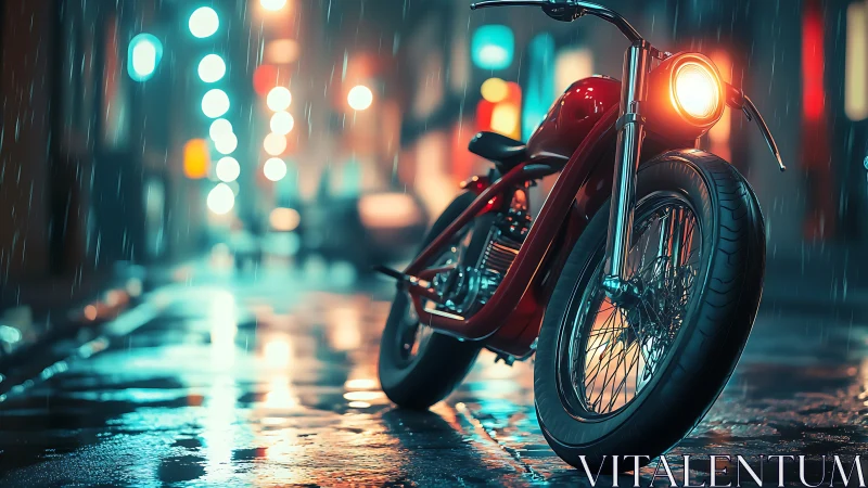 Rainy night motorcycle glowing softly on a neon city street.