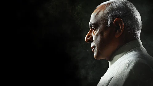 Elderly man in profile emerges from deep black background