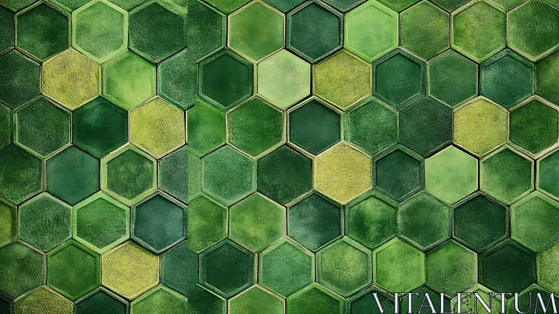Green hexagonal tile wall shows rich textured geometry.