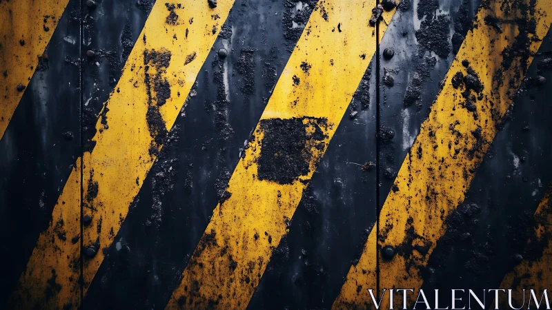 Diagonal yellow hazard stripes cover corroded dark metal