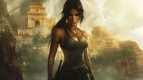 Fearless jungle adventurer guarding ancient golden ruins.