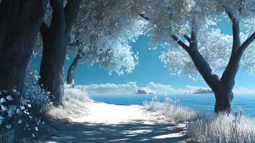 Snowlit shoreline trees quietly frame a frozen blue dream