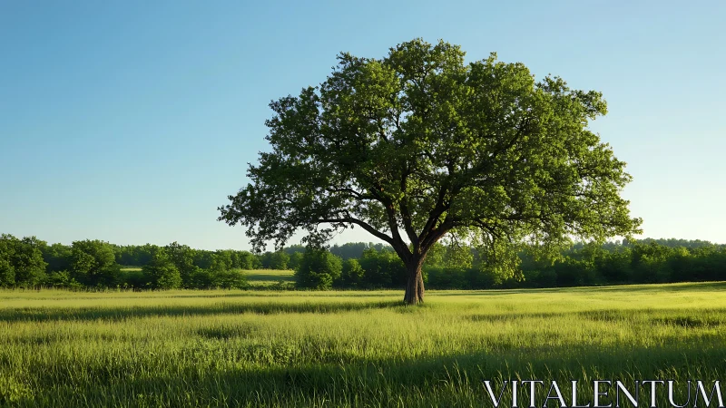 Lone mature tree stands centered in sunlit grassy meadow