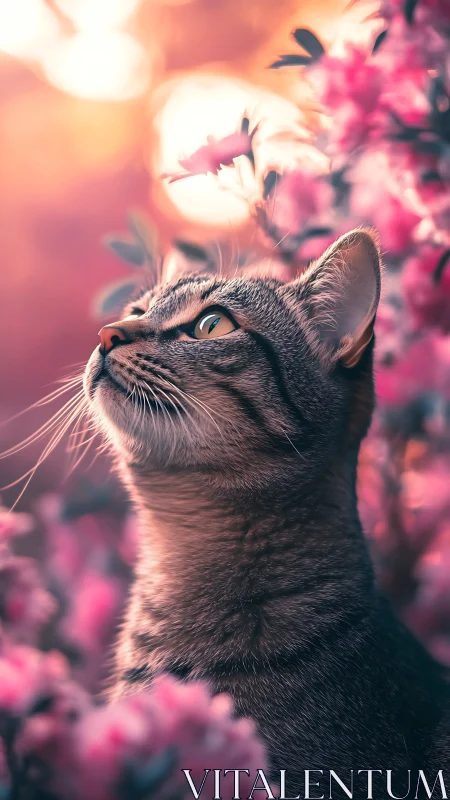 Cat gazing upward among blooming pink flowers.