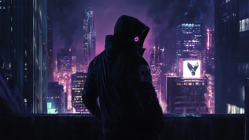 Hooded figure on rooftop overlooking neon cyberpunk city.