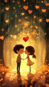 Two Children Holding Heart Balloon in Glowing Golden Light