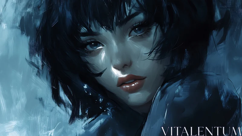 Soft midnight gaze meets cool light in a dreamy portrait