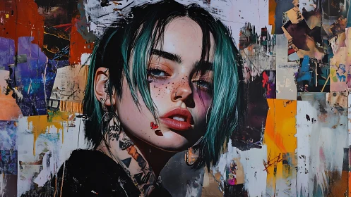 Neon-haired rebel leans into a storm of painted paper noise