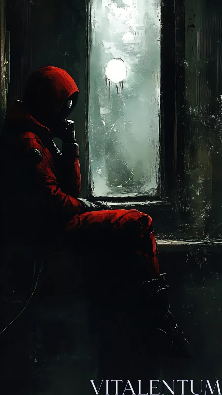 Moody cyberpunk loner in red suit by frostlit window seat.