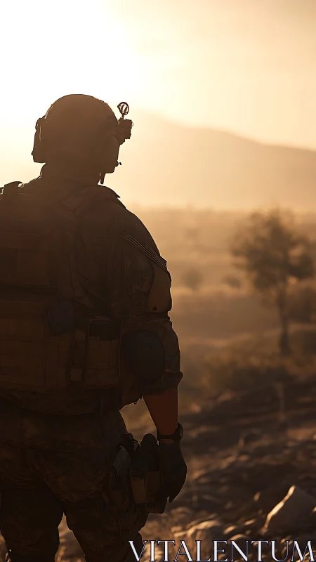 Soldier surveys sunlit desert ridge at warm dusk light