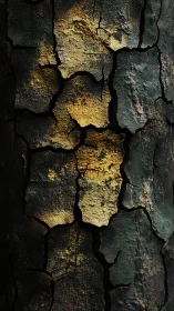 Close-up texture of cracked, dark bark with golden tones.