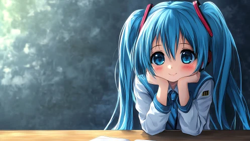 Blue twin-tailed anime schoolgirl in reflective desk portrait.