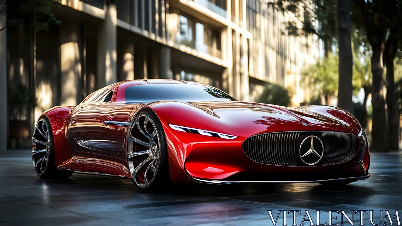Sleek red Mercedes concept car gleams under soft city light