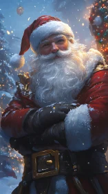 Regal Santa portrait in snowlit festive winter scene.