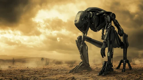 3D-rendered biomech sentinel kneeling in post-apocalyptic desert.