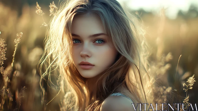 Digital portrait shows blonde girl in glowing sunset field