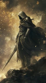 Hooded armored warrior with sword amid swirling embers.