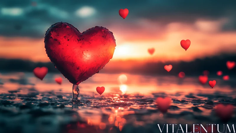 Floating heart balloon at sunset over tranquil water.