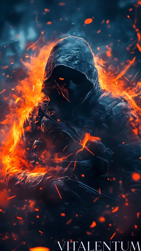 Hooded inferno soldier emerging through blazing blue haze.