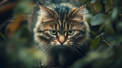 Tabby Cat Portrait with Emerald Eyes Amid Botanical Setting.
