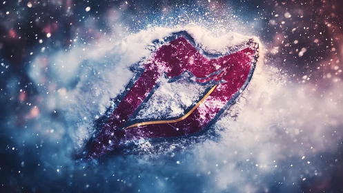 Snow covered stylized red mouth emblem in frosty blizzard