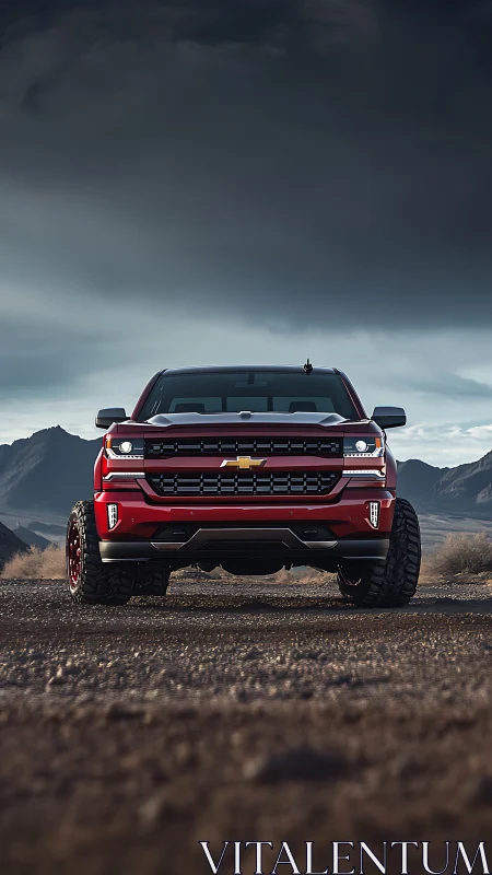 Red off-road pickup dominates stormy desert landscape.